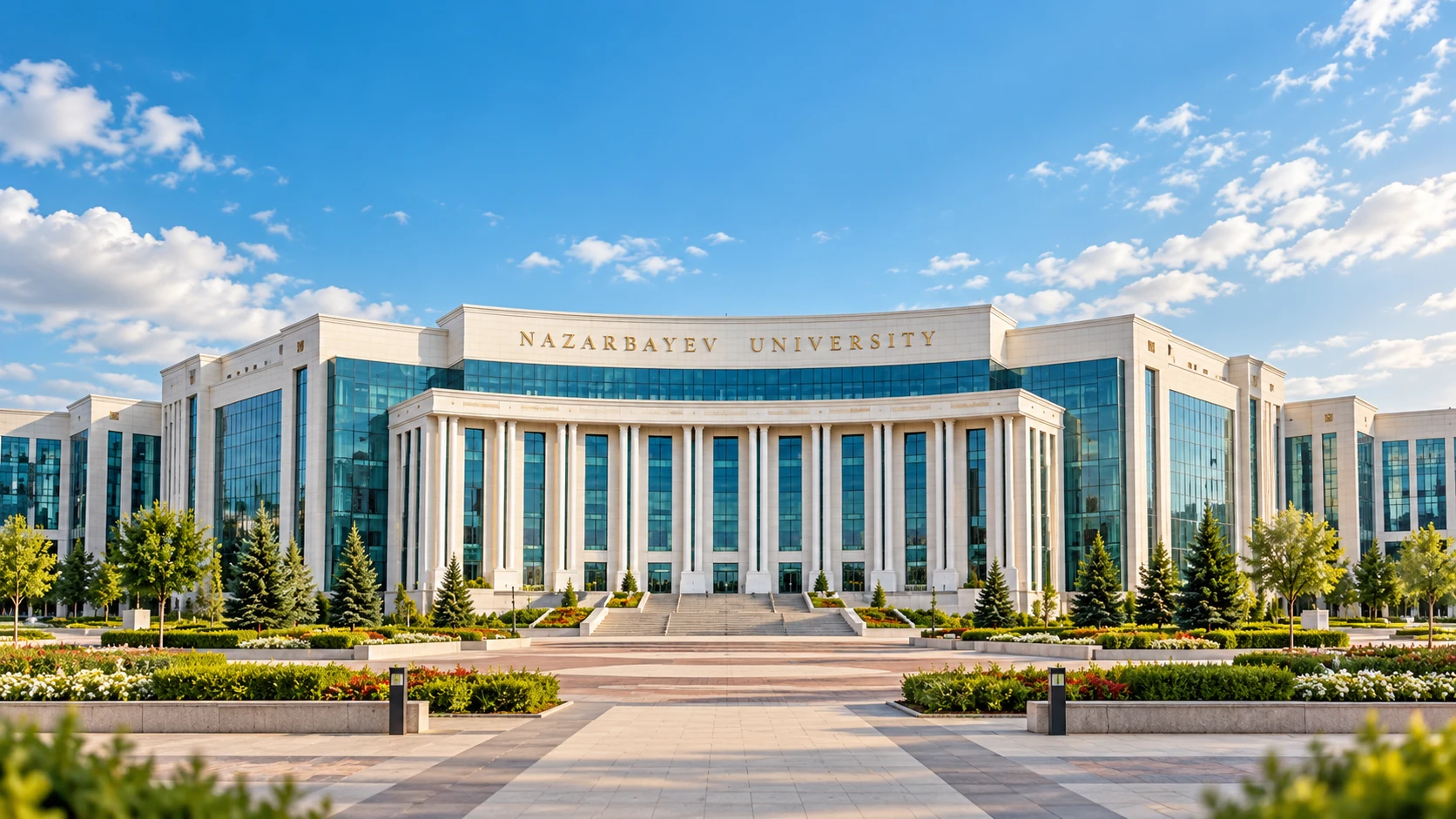 Кампус Назарбаев Университета в Астане, вид на корпуса и аллею
